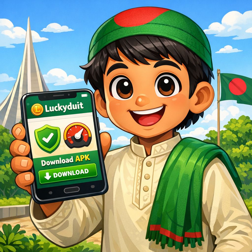 লাকি ডুয়েট থিমযুক্ত কার্টুন চরিত্র একটি স্মার্টফোন ধরে আছেন যার স্ক্রিনে অ্যাপ ডাউনলোড এবং ফ্লোটিং আইকন রয়েছে