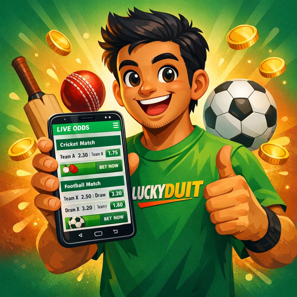 Luckyduit betting cartoon character holding a phone with live odds and sports icons