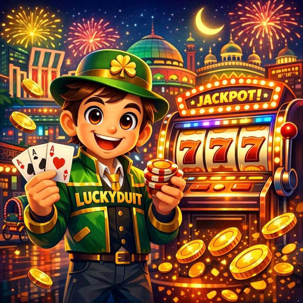 Luckyduit casino cartoon hero character with chips, cards, and a slot machine in a Bangladesh-themed neon setting