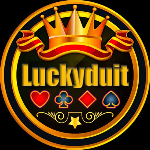 Luckyduit cartoon character holding coins and a smartphone with game icons