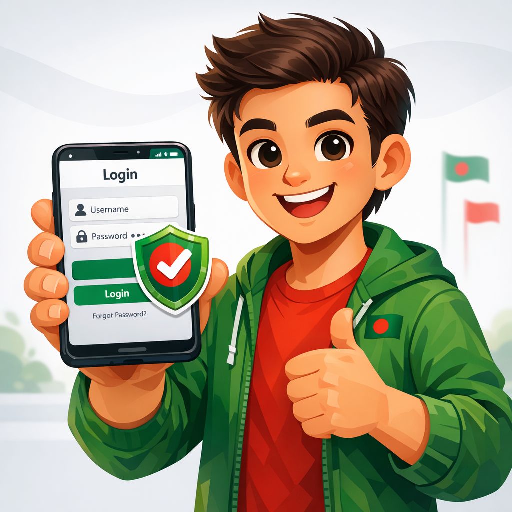 ফোনে সাইন ইন করছে কার্টুন চরিত্র, ঢাল আইকন এবং বাংলাদেশের রঙের থিম সহ