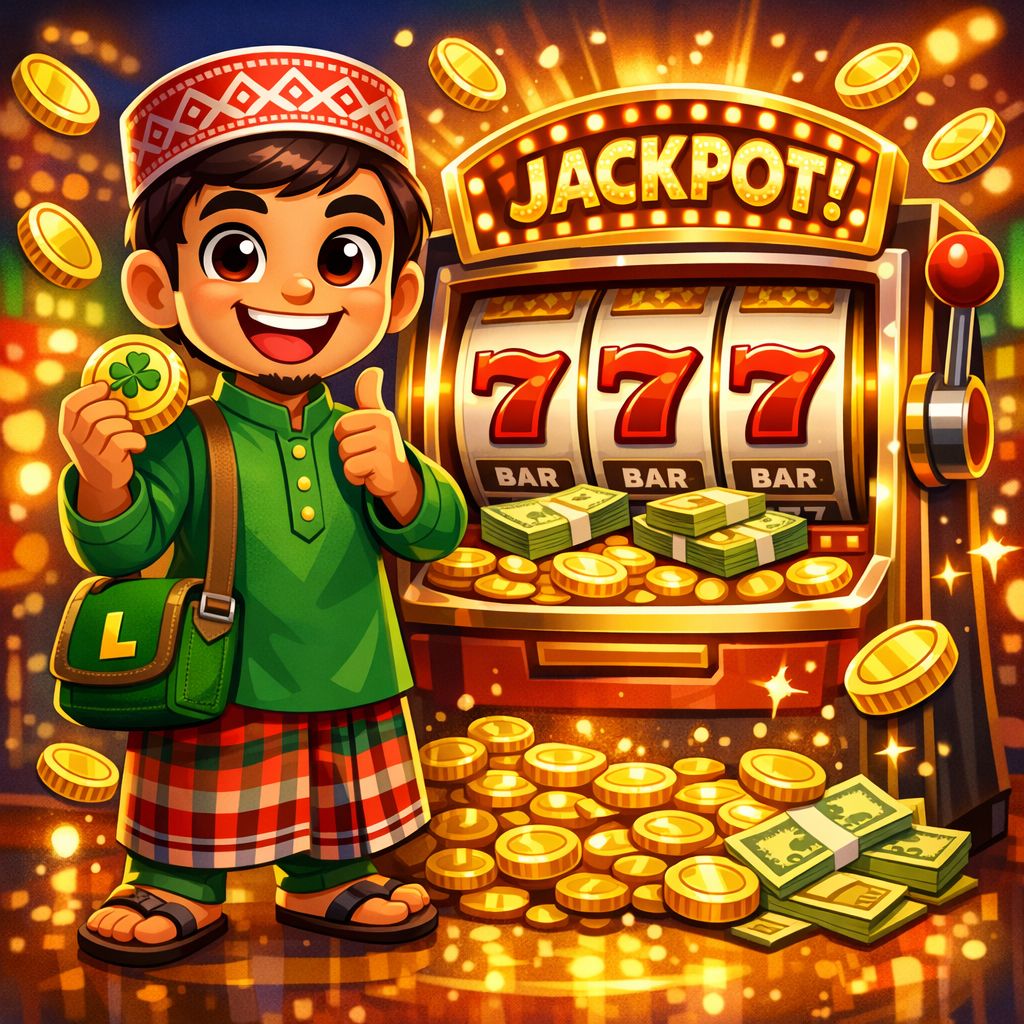 Luckyduit themed cartoon character spinning a slot machine with coins and jackpot lights